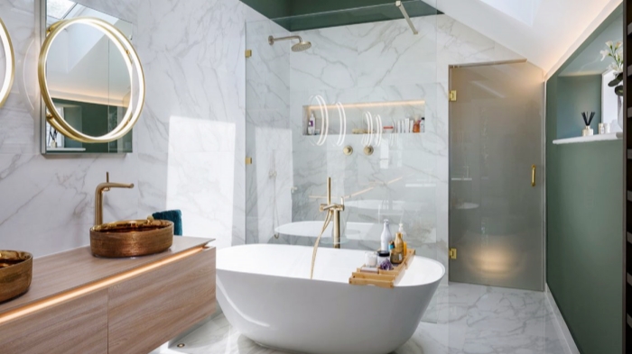 A luxurious bathroom featuring a mix of marble designs