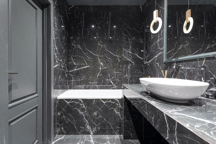 A sophisticated bathroom featuring black marble surfaces