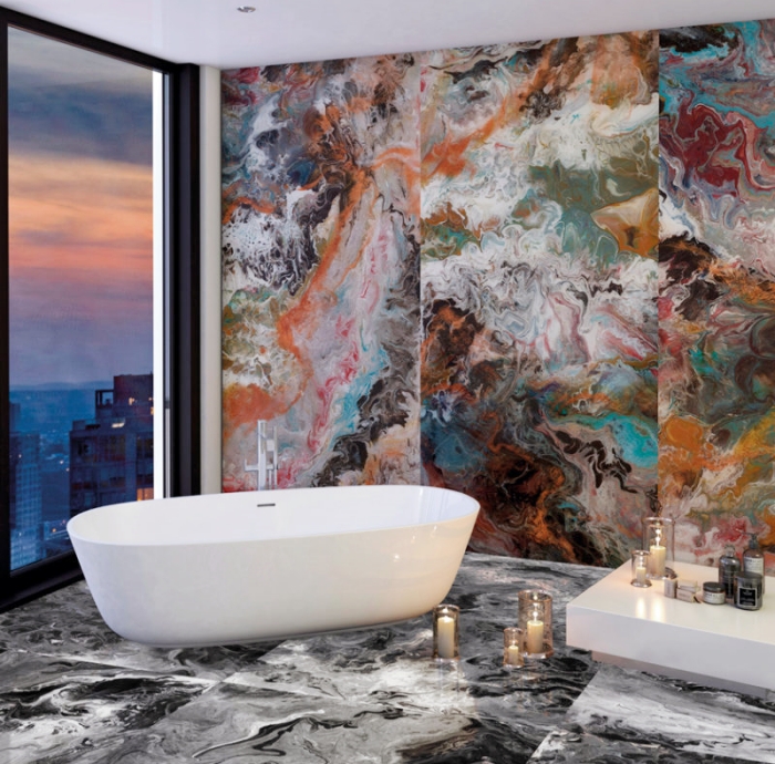 A vibrant bathroom with multicolor marble tiles for a playful design